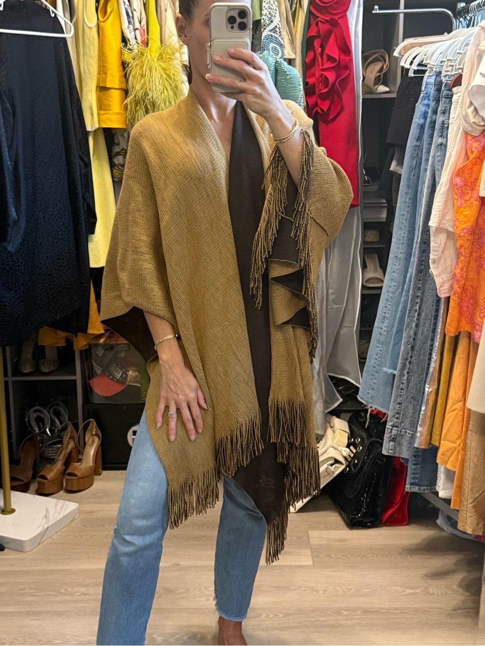 Reversible Fringe Open-Front Wrap Jacket in Mustard Brown